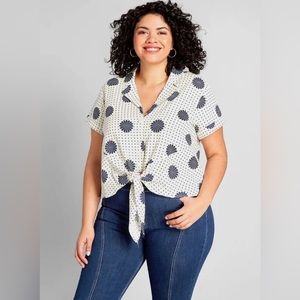 ModCloth Wisely Tied Button white blue floral cropped blouse top